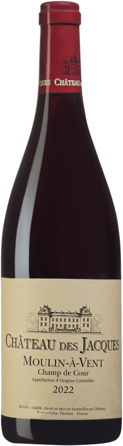 En glasflaska med Château de Jacques Moulin-à-Vent Champ de Cour 2022, ett rött vin från Bourgogne i Frankrike