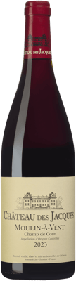 En glasflaska med Moulin-à-Vent Champ de Cour, ett rött vin från Bourgogne i Frankrike