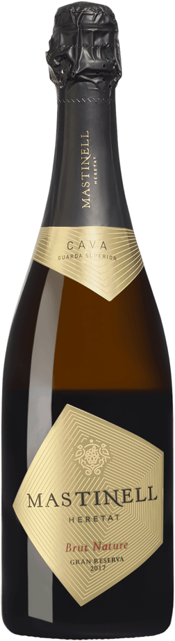 En glasflaska med Heretat Mas Tinell Brut Nature Gran Reserva 2017, en mousserande från Cava i Spanien