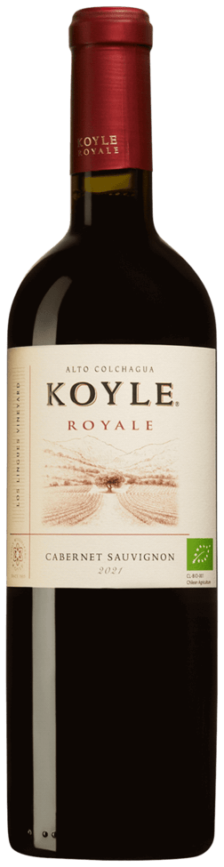 En glasflaska med Koyle Royale Cabernet Sauvignon 2021, ett rött vin från Valle Central i Chile