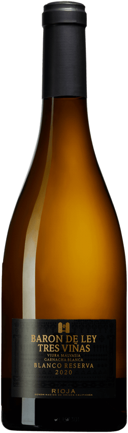 En glasflaska med Baron de Ley Tres Viñas Blanco Reserva 2021, ett vitt vin från Rioja i Spanien