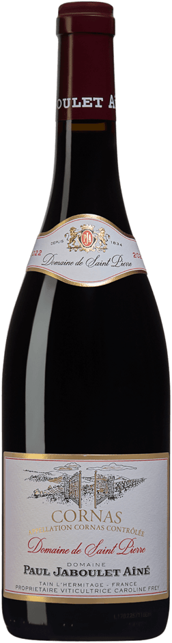 En glasflaska med Paul Jaboulet Aîné Cornas Domaine de Saint Pierre 2022, ett rött vin från Rhonedalen i Frankrike