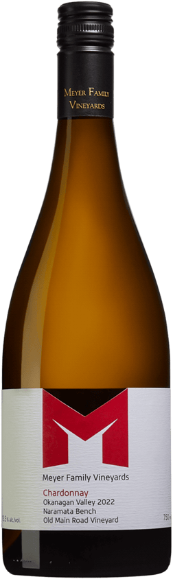 En lättare glasflaska med Meyer Family Vineyard Old Main Road Chardonnay 2022, ett vitt vin från British Columbia i Kanada