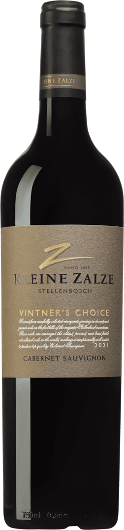 En glasflaska med Kleine Zalze Vintner's Choice Cabernet Sauvignon 2021, ett rött vin från Western Cape i Sydafrika