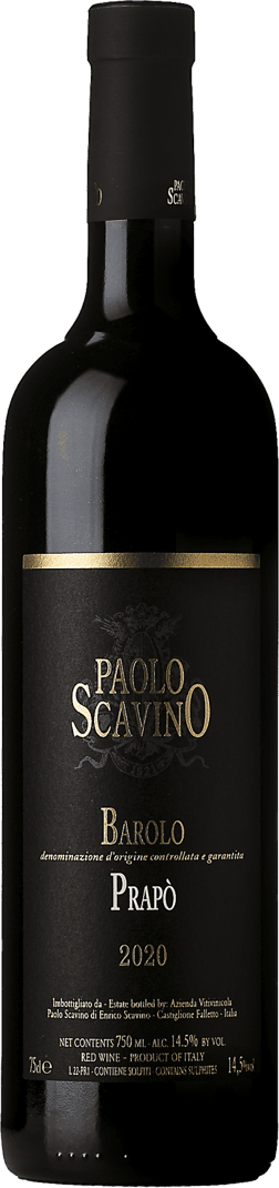 En glasflaska med Paolo Scavino Barolo Prapò, ett rött vin från Piemonte i Italien