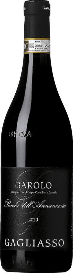 En glasflaska med Mario Gagliasso Barolo Rocche dell’Annunziata 2020, ett rött vin från Piemonte i Italien