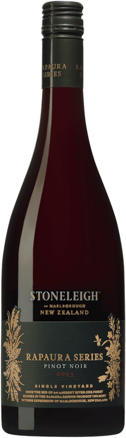 En glasflaska med Stoneleigh Rapaura Pinot Noir 2023, ett rött vin från Marlborough i Nya Zeeland