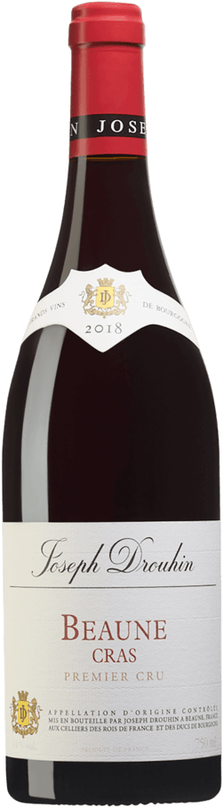 En glasflaska med Joseph Drouhin Beaune Premier Cru Cras 2018, ett rött vin från Bourgogne i Frankrike