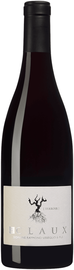 En glasflaska med Domaine Raymond Usseglio & Fils Les Claux 2022, ett rött vin från Rhonedalen i Frankrike