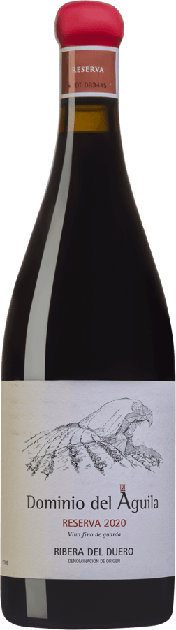 En glasflaska med Dominio del Aguila Reserva 2020, ett rött vin från Kastilien-León i Spanien