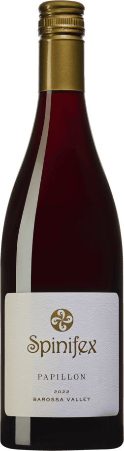 En glasflaska med Spinifex Papillon 2022, ett rött vin från South Australia i Australien