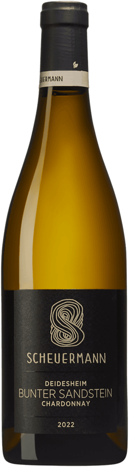 En glasflaska med Scheuermann Bunter Sandstein Chardonnay 2022, ett vitt vin från Pfalz i Tyskland