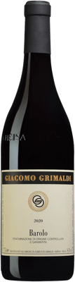 En glasflaska med Barolo Giacomo Grimaldi 2020, ett rött vin från Piemonte i Italien