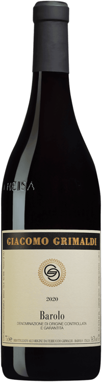 En glasflaska med Barolo Giacomo Grimaldi 2020, ett rött vin från Piemonte i Italien
