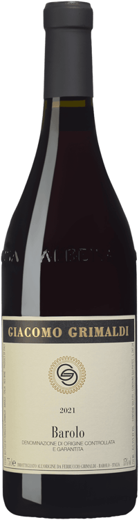 En glasflaska med Barolo Giacomo Grimaldi 2020, ett rött vin från Piemonte i Italien
