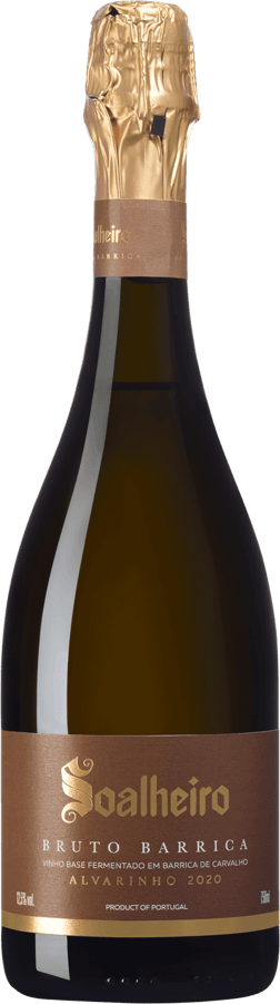 En glasflaska med Soalheiro Brut Barricas 2020, en mousserande från Vinho Verde i Portugal