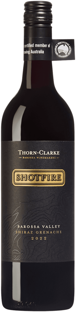 En glasflaska med Thorn-Clarke Shotfire Shiraz Grenache 2021, ett rött vin från South Australia i Australien
