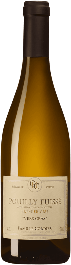 En glasflaska med Domaine Cordier Pouilly-Fuissé Premier Cru Vers Cras 2023, ett vitt vin från Bourgogne i Frankrike