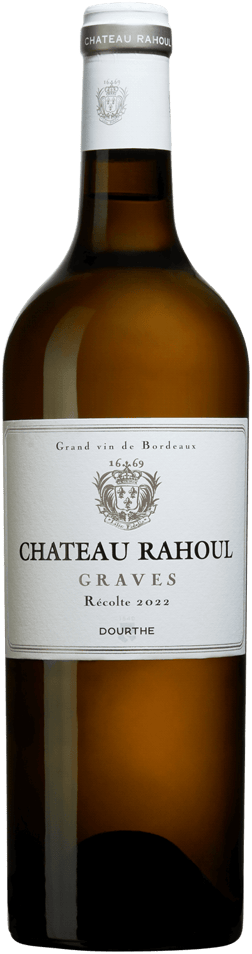 En glasflaska med Château Rahoul Vignobles Dourthe 2023, ett vitt vin från Bordeaux i Frankrike