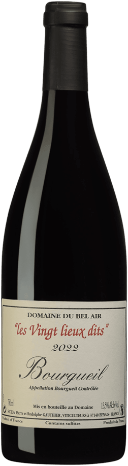 En glasflaska med Domaine du Bel Air Bourgueil les Vingt Lieux Dits 2022, ett rött vin från Loiredalen i Frankrike