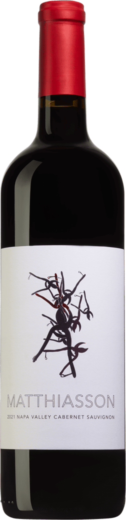 En glasflaska med Matthiasson Napa Valley Cabernet Sauvignon 2021, ett rött vin från Kalifornien i USA