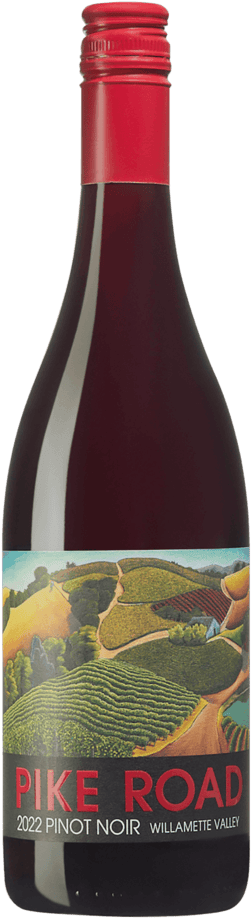 En glasflaska med Pike Road Willamette Valley Pinot Noir 2022, ett rött vin från Oregon i USA