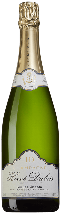 En glasflaska med Hervé Dubois Grand Cru Blanc de Blanc 2018, ett champagne från Champagne i Frankrike