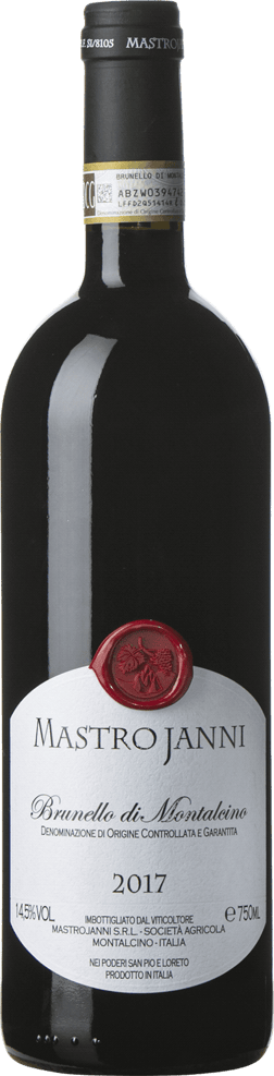 En glasflaska med Mastrojanni Brunello di Montalcino 2017, ett rött vin från Toscana i Italien
