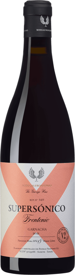 En glasflaska med Frontonio Supersónico Garnacha 2021, ett rött vin från Spanien