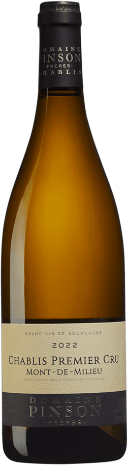 En glasflaska med Domaine Pinson Chablis 1er Cru Mont de Milieu 2022, ett vitt vin från Bourgogne i Frankrike