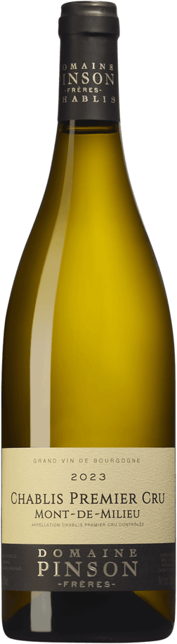 En glasflaska med Domaine Pinson Chablis 1er Cru Mont de Milieu 2022, ett vitt vin från Bourgogne i Frankrike