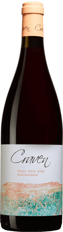 En glasflaska med Craven Pinot Gris, en rosévin från Western Cape i Sydafrika