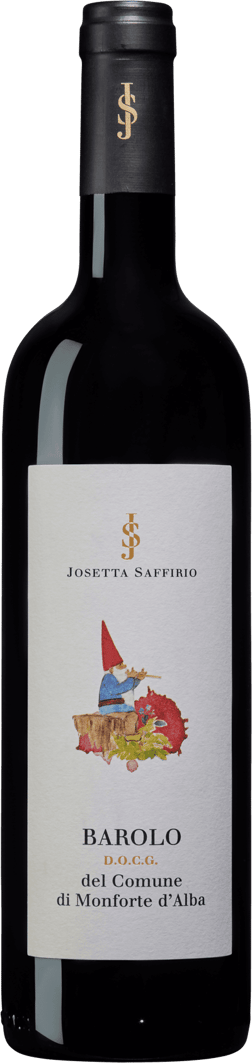 En glasflaska med Josetta Saffirio Barolo Monforte d'Alba 2020, ett rött vin från Piemonte i Italien