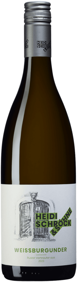 En lättare glasflaska med Heidi Schröck & Söhne Weissburgunder 2023, ett vitt vin från Burgenland i Österrike
