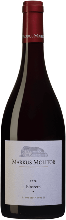 En glasflaska med Markus Molitor Einstern Pinot Noir 2020, ett rött vin från Mosel i Tyskland