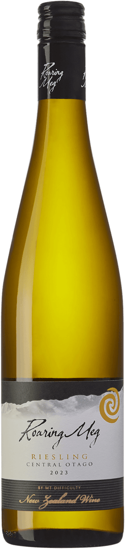 En glasflaska med Mount Difficulty Wines Roaring Meg Riesling 2023, ett vitt vin från Central Otago i Nya Zeeland