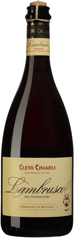 En glasflaska med Cleto Chiarli Lambrusco del Fondatore 2024, ett rött vin från Emilia-Romagna i Italien