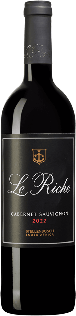 En lättare glasflaska med Le Riche Cabernet Sauvignon 2022, ett rött vin från Western Cape i Sydafrika