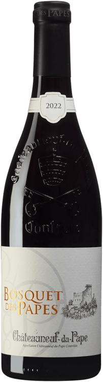 En glasflaska med Bosquet des Papes Châteauneuf, ett rött vin från Rhonedalen i Frankrike