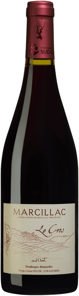 En lättare glasflaska med Domaine du Cros Marcillac les Cros 2023, ett rött vin från Frankrike sydväst i Frankrike