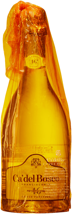 En glasflaska med Ca' del Bosco Franciacorta Edizione 46a Cuvée Prestige Extra Brut, en mousserande från Lombardiet i Italien