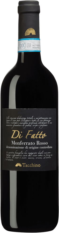 En glasflaska med Tacchino Di Fatto Monferrato Rosso 2019, ett rött vin från Piemonte i Italien
