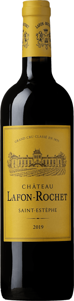 En glasflaska med Château Lafon-Rochet 2019, ett rött vin från Bordeaux i Frankrike