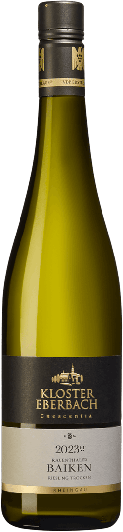 En glasflaska med Kloster Eberbach Rauenthaler Baiken 2023, ett vitt vin från Rheingau i Tyskland