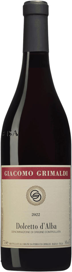 En glasflaska med Giacomo Grimaldi Dolcetto d'Alba 2022, ett rött vin från Piemonte i Italien