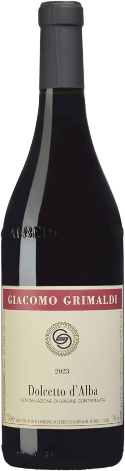 En glasflaska med Giacomo Grimaldi Dolcetto d'Alba 2023, ett rött vin från Piemonte i Italien