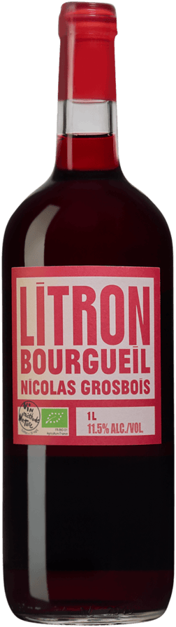 En lättare glasflaska med Nicolas Grosbois Bourgeuil Litron Rouge 2023, ett rött vin från Loiredalen i Frankrike