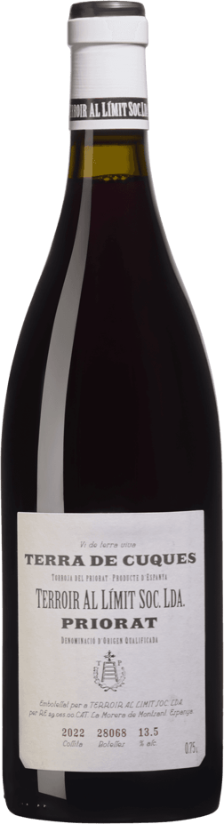 En glasflaska med Terroir al Limit Terre de Cuques Negre 2022, ett rött vin från Katalonien i Spanien