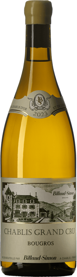 En glasflaska med Billaud-Simon Chablis Grand Cru Bougros 2023, ett vitt vin från Bourgogne i Frankrike
