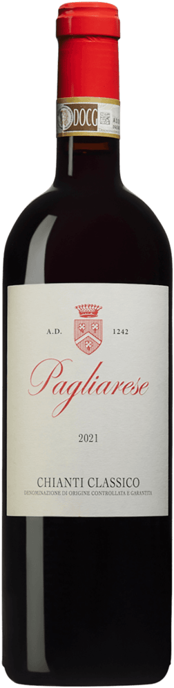 En glasflaska med Tiberini Podere Le Caggiole Vino Nobile di Montepulciano 2017, ett rött vin från Toscana i Italien